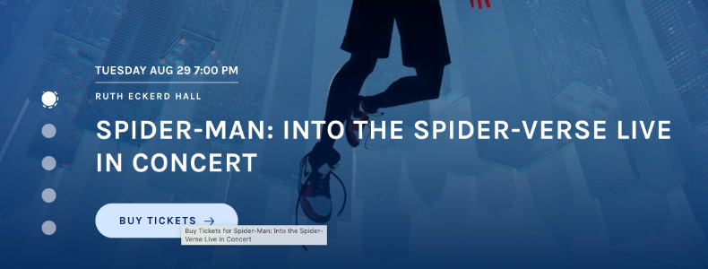 'Into the Spiderverse' event with mouseover on Buy Tickets button showing "buy tickets for" appended with event name.